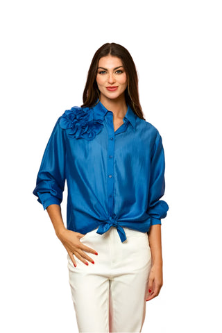 Button Down Shirt Flower Applique- Blue