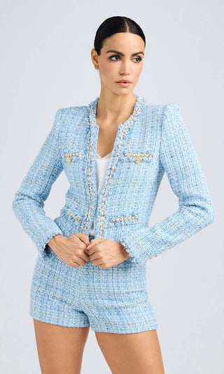 Betsy Buttoned Tweed Blazer- Sky Blue Multi