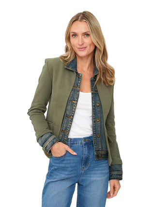 Clarissa Mixed Media Denim Jacket- Olive