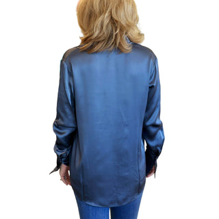 Daria French Cuff Silk Blouse- Blue Steel