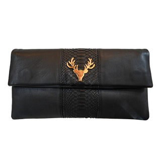 Foldover Clutch Black Leather with Black Python Stripe- Black