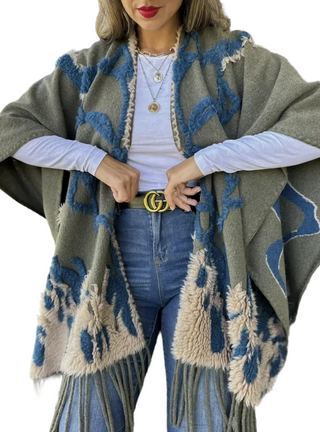 Olive Boho 3d Textured Abstract Fringe Ruana Cardigan - Olive Multi