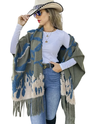 Olive Boho 3d Textured Abstract Fringe Ruana Cardigan - Olive Multi