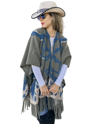 Olive Boho 3d Textured Abstract Fringe Ruana Cardigan - Olive Multi