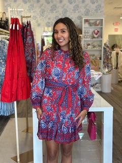 Button Front Flutter Hem Dress- Blue Vines