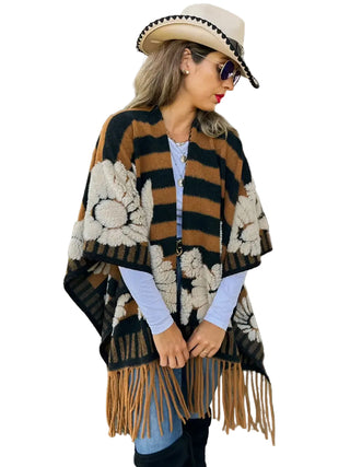 Brown Western Boho 3D Floral Fringe Ruana Cardigan - Brown