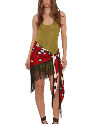 Polka Dot Fringe Wrap Midi Skirt - Red