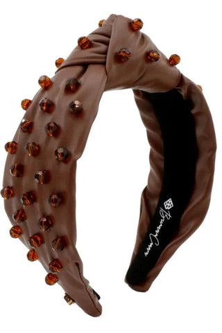Vegan Leather Headband with Glass Beads- Brown