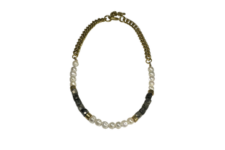 Pearl  & Larvikite Beaded Curb Necklace 17"
