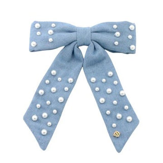 Denim and Pearl Bow Barrette