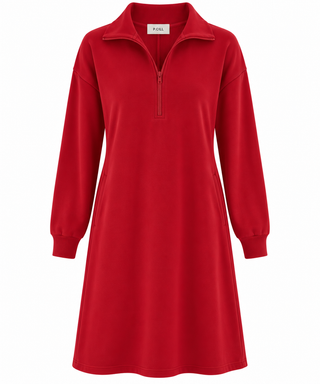 Butter Modal Quarter Zip Up Long Sleeve Dress - Cherry Red