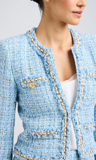 Betsy Buttoned Tweed Blazer- Sky Blue Multi