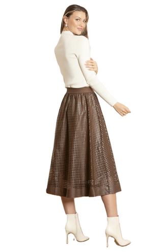 Serena Perforated Pleather Gathered Midi Skirt-Brown