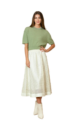 Serena Perforated Pleather Gathered Midi Skirt- Ivory