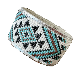 Western Aztec Pattern Seed Bead Leather Cuff Bracelet - Turquoise + White
