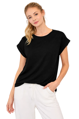 Scuba Cuffed Sleeve Top - Black