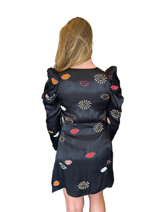 Beaded Kisses Wrap Mini Dress- Black