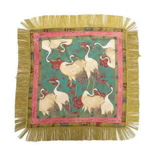 Fringed Crane Print Square Scarf - Green