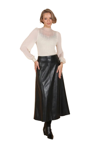 Pleather A-Line Midi Skirt - Black