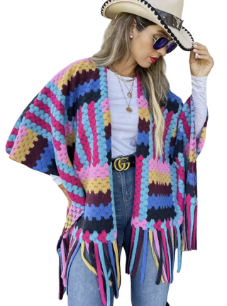 Geometric 3d Fringe Ruana Cardigan - Multi-Colored