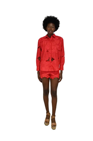 Boyfriend Shirt- Red Cutout Floral