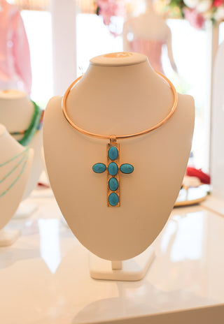 Roxy Collar with Cross- Gold/Turquoise