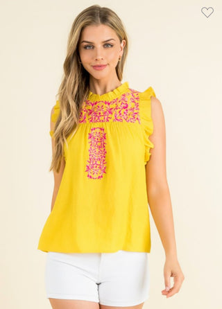 Embroidered Ruffle Sleeve Top- Yellow
