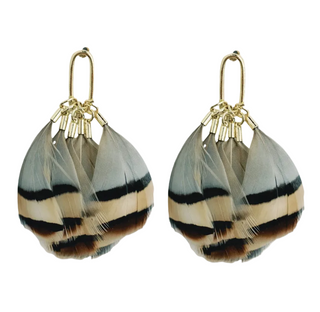 Brown Striped Fall Feather Statement Tassel Earrings