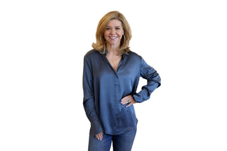 Daria French Cuff Silk Blouse- Blue Steel