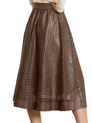 Serena Perforated Pleather Gathered Midi Skirt-Brown