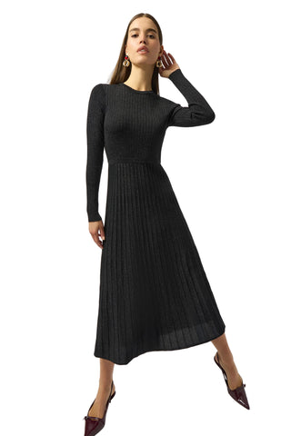 Knit Fit and Flare Crew Neck Dress- Black