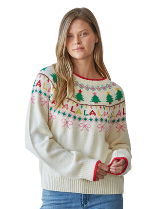 Knit Christmas Jacquard Detail Long Sleeve Pullover - Cream Red