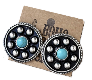 Round Western Concho with Turquoise Stone Stud Earrings