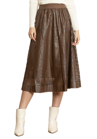 Serena Perforated Pleather Gathered Midi Skirt-Brown