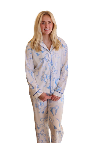 Bow Ribbon Pattern Long Sleeve PJ Set- Blue