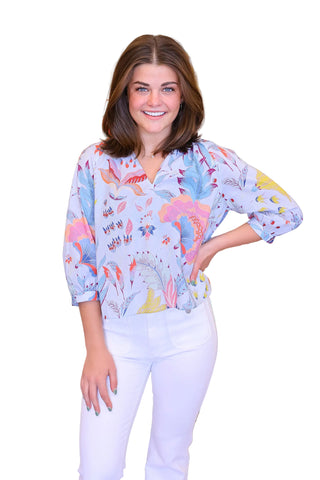 Cameron Blouse- Azure Garden Bouquet