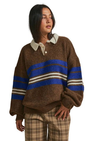 Striped Rugby Polo Sweater With Contrast Collar - Brown