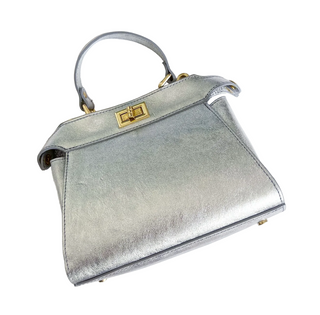 Mini Twist Lock Silver Metallic Leather Handbag