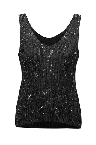 Metallic Knitted Camisole with Rhinestones- Black