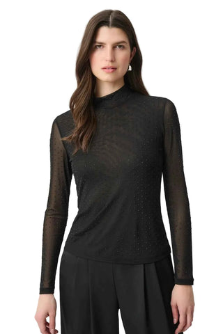 Rhinestone Mesh Long Sleeve Top - Black