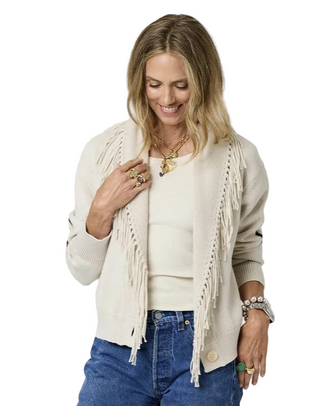 Fringe Shawl Collar Cardigan- Chalk