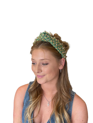 Green Scalloped Headband with Gold Beads