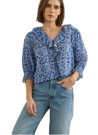 Imogen Top - Blue Floral Ruffled Puff Sleeve Top