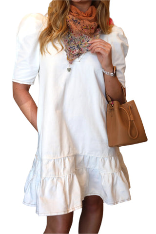 Denim Ruffle Dress- Ivory