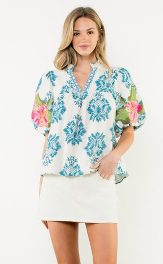 Embroidered Puff Sleeve Notch  Neck Top- Blue