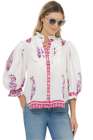 Ruffle Front Button Blouse - Verna Red