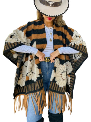 Brown Western Boho 3D Floral Fringe Ruana Cardigan - Brown