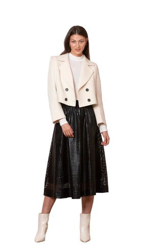 Perforated Pleather Gather Midi Skirt - Black