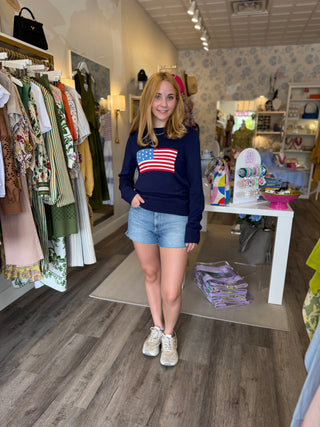 Women's Classic Crewneck American Flag Sweater- Navy