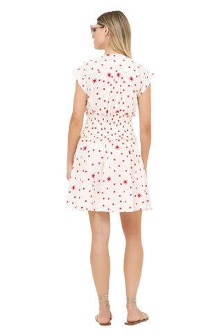 Smocked Waist Roll Sleeve Dress- Ellsworth Red